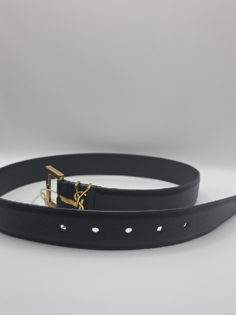 Yves Saint Laurent Black Leather Belt with Gold YSL Accent - Picture 8 of 9